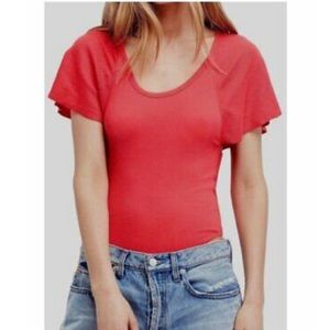 Free People Byron Ribbed Flutter-Sleeve Bodysuit